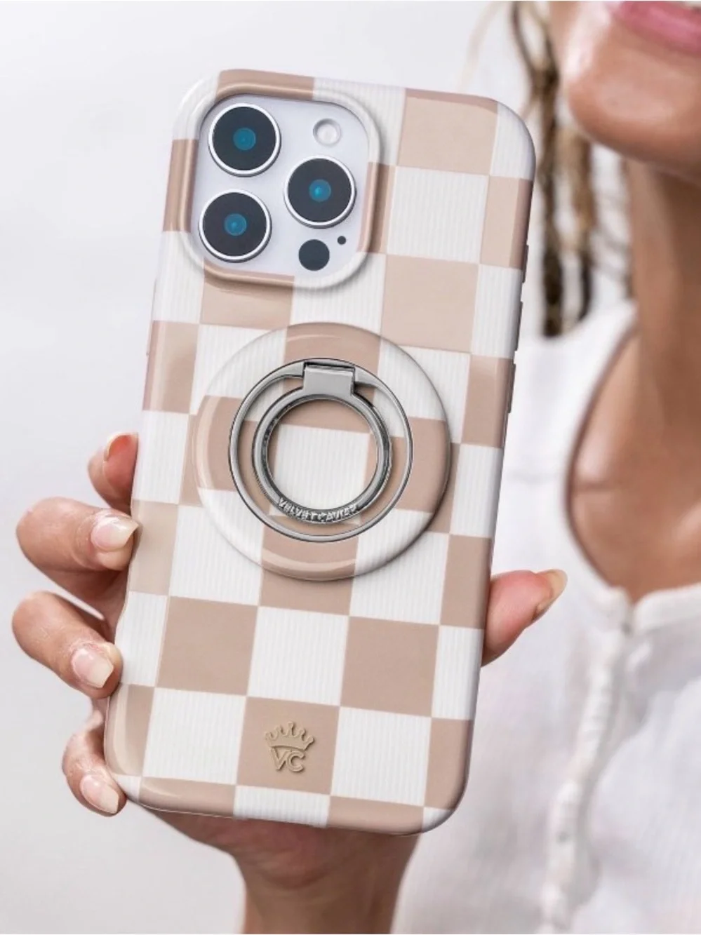 Neutral Beige & White Phone Ring Holder
